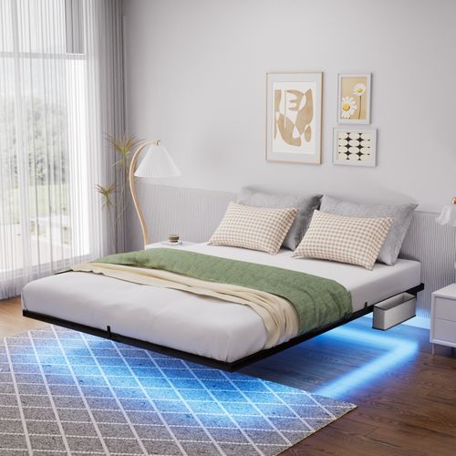 Lit Adulte 140x200 Cm, Lit Flottant Avec LED Et Station USB, Acier, Couleur Noir