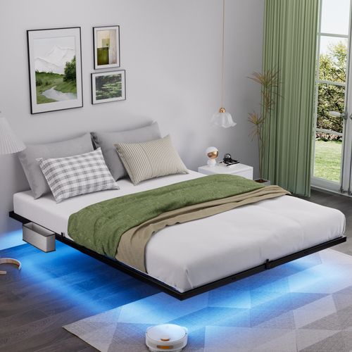 Lit Adulte 140x200 Cm, Lit Flottant Avec LED Et Station USB, Acier, Couleur Noir