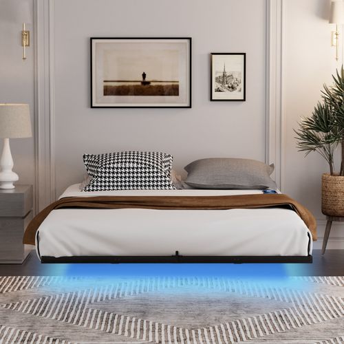 Lit Adulte 140x200 Cm, Lit Flottant Avec LED Et Station USB, Acier, Couleur Noir