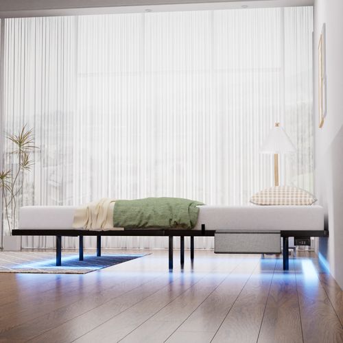 Lit Adulte 140x200 Cm, Lit Flottant Avec LED Et Station USB, Acier, Couleur Noir