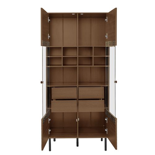 Vitrine Armoire 75.5x35x164.5cm, Verre Renforcé Et Rangement Caché, 2 Portes, 4 Tiroirs, Mdf, Brun