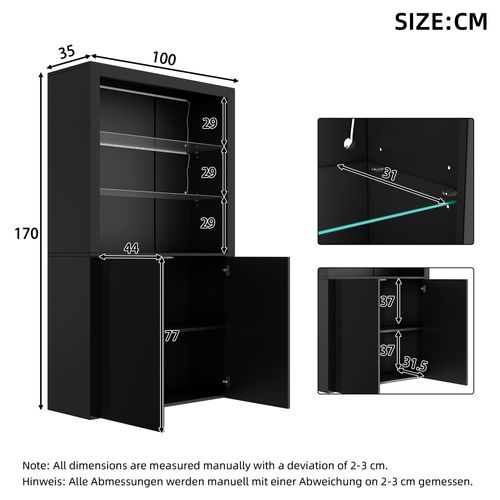 Vitrine 100x35x170 Cm, LED Réglable Par Application, Mdf Et Verre, Laqué Noir, 2 Portes Et 3 Niches