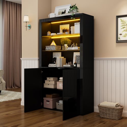 Vitrine 100x35x170 Cm, LED Réglable Par Application, Mdf Et Verre, Laqué Noir, 2 Portes Et 3 Niches