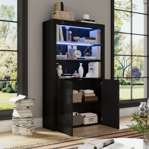 Vitrine 100x35x170 Cm, LED Réglable Par Application, Mdf Et Verre, Laqué Noir, 2 Portes Et 3 Niches