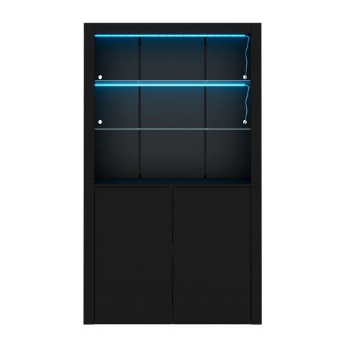 Vitrine 100x35x170 Cm, LED Réglable Par Application, Mdf Et Verre, Laqué Noir, 2 Portes Et 3 Niches