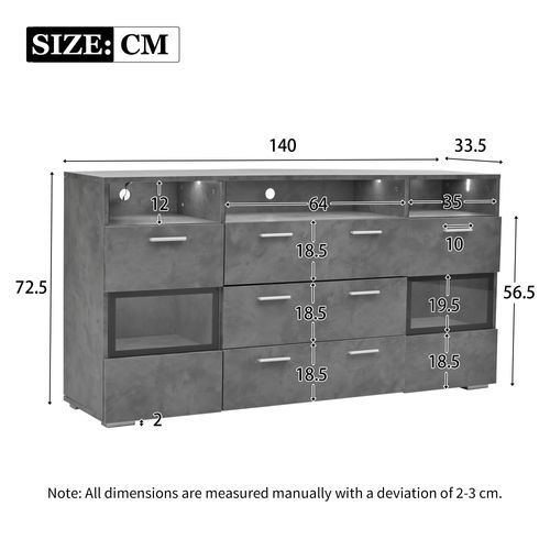 Buffet Moderne 140x33,5x72,5 Cm, LED, 2 Portes, 3 Tiroirs, 7 Niches, Panneaux De Particules, Gris