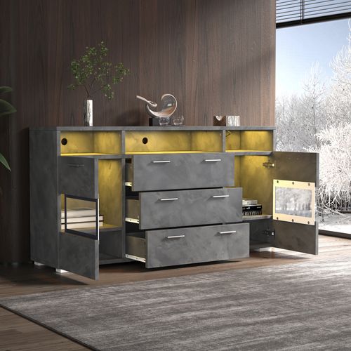 Buffet Moderne 140x33,5x72,5 Cm, LED, 2 Portes, 3 Tiroirs, 7 Niches, Panneaux De Particules, Gris