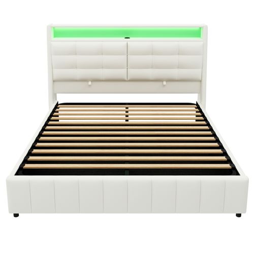 Lit Coffre 160x200cm, Lit Double Avec Espace De Rangement Sous-lit, LED, Mdf Et Pu, Blanc