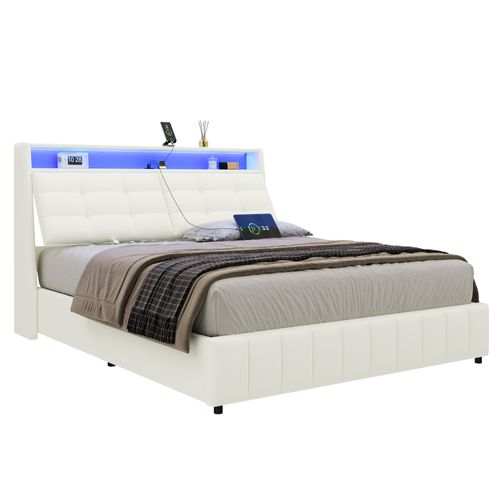 Lit Coffre 160x200cm, Lit Double Avec Espace De Rangement Sous-lit, LED, Mdf Et Pu, Blanc