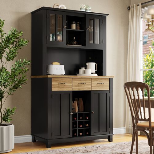 Buffet De Cuisine 106x40x179,5 Cm, LED, 4 Portes, 3 Tiroirs, 4 Niches, Rangement, Mdf, Noir, Bois