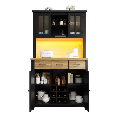 Buffet De Cuisine 106x40x179,5 Cm, LED, 4 Portes, 3 Tiroirs, 4 Niches, Rangement, Mdf, Noir, Bois