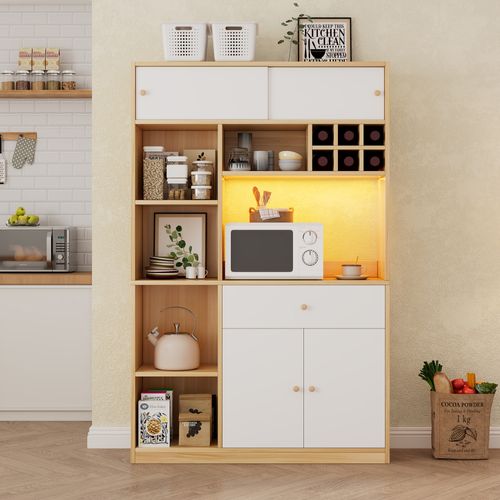 Buffet De Cuisine 115x35x180 Cm Avec LED, 4 Portes, Tiroir, Panneaux De Particules, Bois Et Blanc