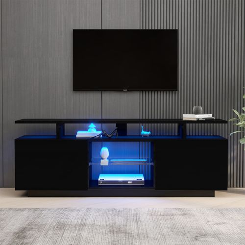Meuble TV 140x35x55 Cm Avec Rangement, LED 16 Couleurs, 2 Portes, Panneaux De Particules, Noir