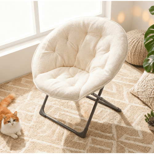 Fauteuil Lune Pliant 58x53x85 Cm, Assise Moelleuse En Laine De Mouton, Métal, Beige+noir