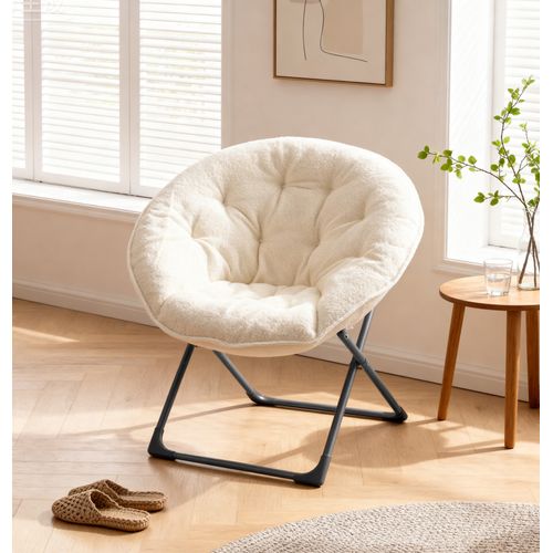 Fauteuil Lune Pliant 58x53x85 Cm, Assise Moelleuse En Laine De Mouton, Métal, Beige+noir