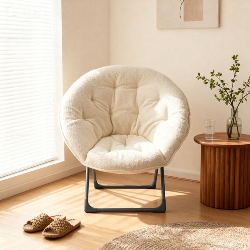 Fauteuil Lune Pliant 58x53x85 Cm, Assise Moelleuse En Laine De Mouton, Métal, Beige+noir