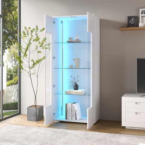 Buffet Haut 70x40x173 Cm, 2 Portes Acryliques Avec LED Pilotable Par Application, Mdf, Blanc