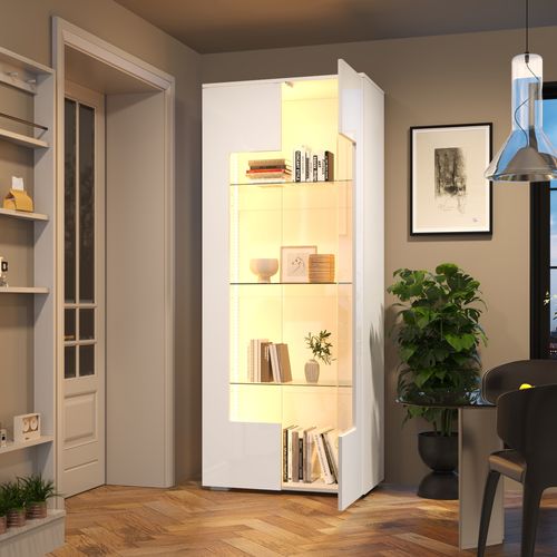 Buffet Haut 70x40x173 Cm, 2 Portes Acryliques Avec LED Pilotable Par Application, Mdf, Blanc