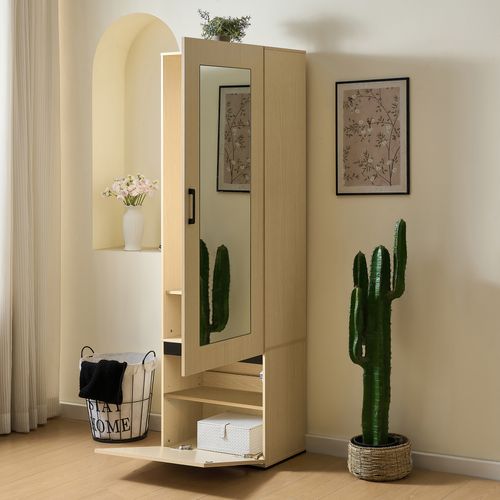 Armoire D'entrée 54x34.5x179.5 Cm, Miroir Pleine Longueur, Tringle Extractible, Mdf, Couleur Bois