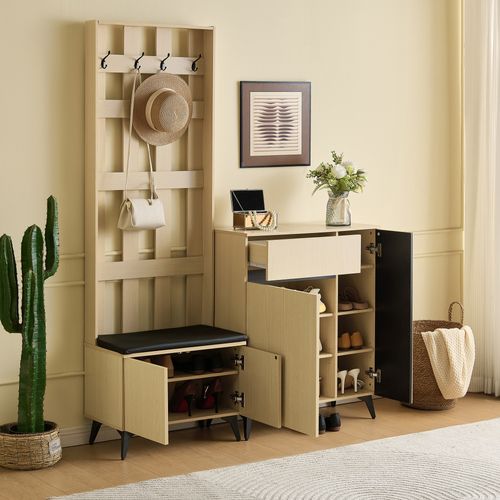 Ensemble D'entrée 75x35x90+60x35x179.5cm, Banc, Buffet Modulable, Tiroir, Mdf, Couleur Bois+noir