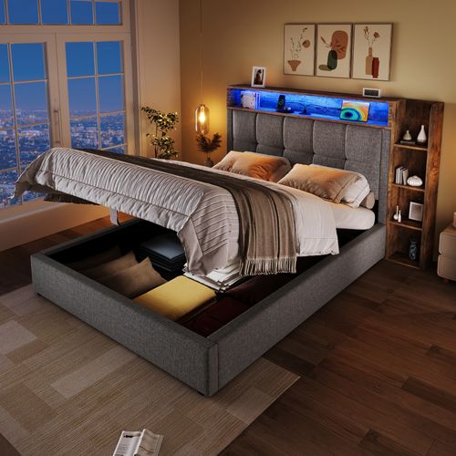 Lit Coffre 90x200 Cm, Tête De Lit Avec Rangement, Rangement Caché, USB Type-c, LED, Mdf Et Lin, Gris