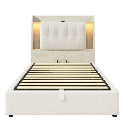 Lit Coffre 90x200 Cm, LED Et USB Type C, Tête à Rangement Pliable, Cadre Mdf, Lin Beige