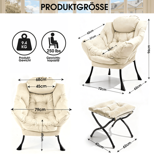 Fauteuil 1 Place Avec Pouf, Ergonomique Avec Appui-tête, Poche Latérale, Tissu, Métal, Beige