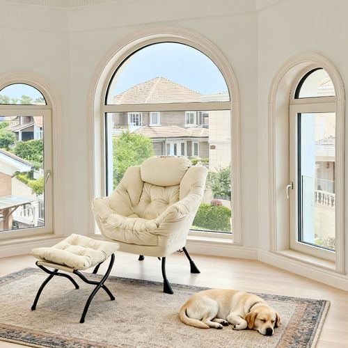 Fauteuil 1 Place Avec Pouf, Ergonomique Avec Appui-tête, Poche Latérale, Tissu, Métal, Beige