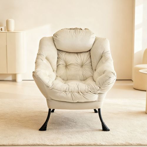 Fauteuil 1 Place Avec Pouf, Ergonomique Avec Appui-tête, Poche Latérale, Tissu, Métal, Beige