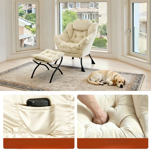 Fauteuil 1 Place Avec Pouf, Ergonomique Avec Appui-tête, Poche Latérale, Tissu, Métal, Beige