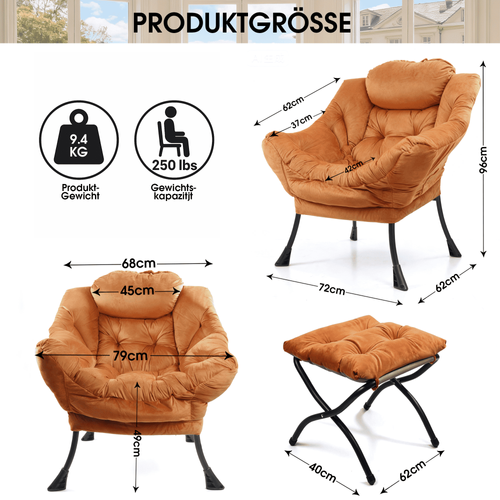 Fauteuil Avec Pouf, Dossier Ergonomique Et Poche Latérale, Tissu Et Métal, Couleur Orange