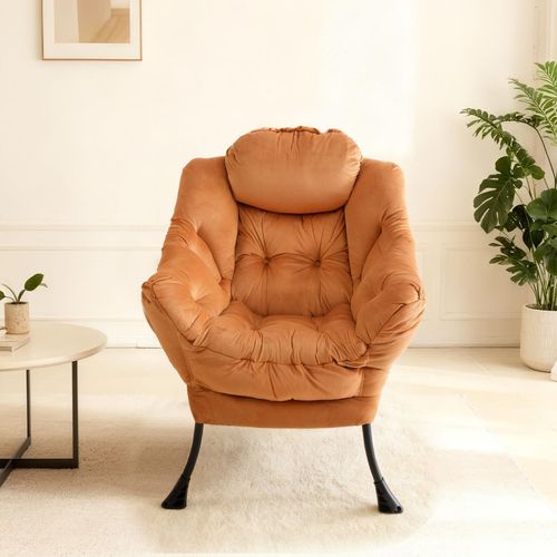 Fauteuil Avec Pouf, Dossier Ergonomique Et Poche Latérale, Tissu Et Métal, Couleur Orange