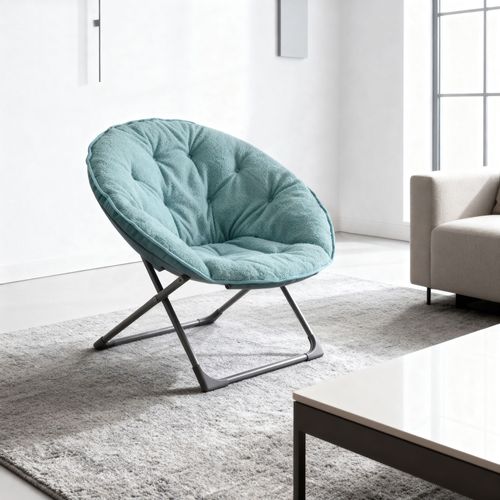 Fauteuil Lune Pliant 58x53x85 Cm, Assise En Laine De Mouton, Structure Métal Robuste, Bleu+noir