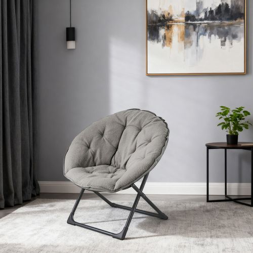 Fauteuil Lune Pliant 58x53x85 Cm, Dossier Rond Rembourré En Laine De Mouton, Métal, Gris+noir