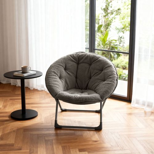 Fauteuil Lune Pliant 58x53x85 Cm, Dossier Rond Rembourré En Laine De Mouton, Métal, Gris+noir