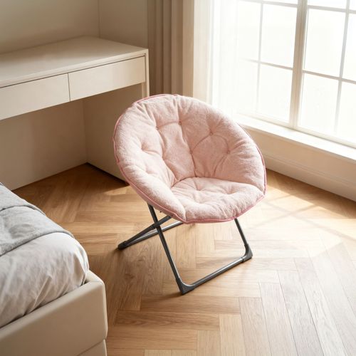 Fauteuil Lune Pliant 58x53x85cm, Assise En Laine De Mouton, Structure Métal Et Tissu, Rose+noir