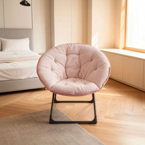 Fauteuil Lune Pliant 58x53x85cm, Assise En Laine De Mouton, Structure Métal Et Tissu, Rose+noir