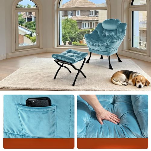 Fauteuil Avec Pouf 72x62x96 Cm, Appui Tête Ergonomique Et Poche Latérale, Tissu Et Métal, Bleu