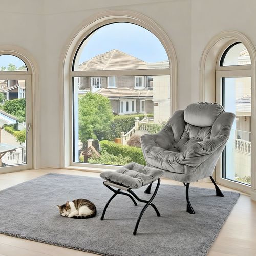 Fauteuil Relax Avec Pouf 72x62x96 Cm, Appui Tête Ergonomique, Tissu Et Métal, Gris+noir