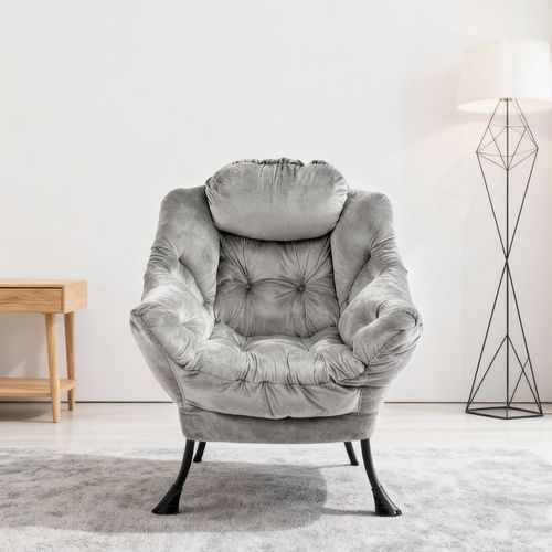 Fauteuil Relax Avec Pouf 72x62x96 Cm, Appui Tête Ergonomique, Tissu Et Métal, Gris+noir