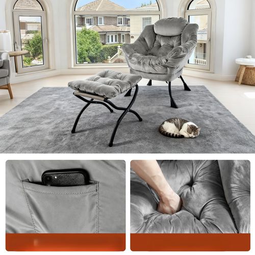 Fauteuil Relax Avec Pouf 72x62x96 Cm, Appui Tête Ergonomique, Tissu Et Métal, Gris+noir