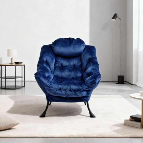 Fauteuil Relax Avec Pouf 72x62x96 Cm, Appui Tête Ergonomique, Tissu Et Métal, Bleu Foncé