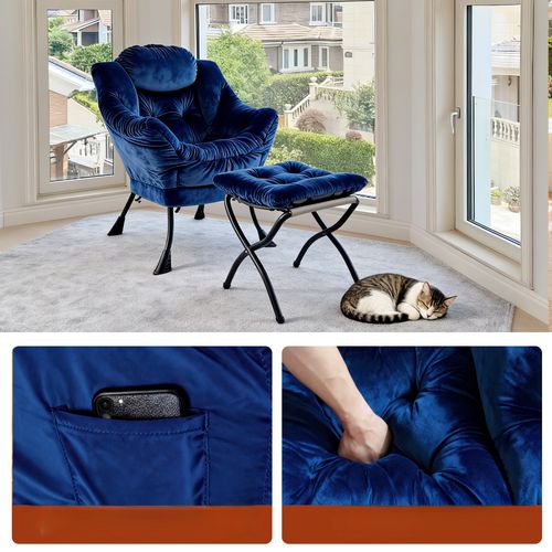 Fauteuil Relax Avec Pouf 72x62x96 Cm, Appui Tête Ergonomique, Tissu Et Métal, Bleu Foncé
