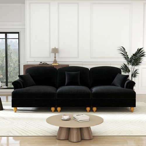 Canapé 3 Places 272x83.5x93cm, Jupe Plissée Amovible Pour Deux Styles, Tissu Chenille, Noir