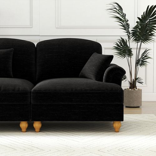 Canapé 3 Places 272x83.5x93cm, Jupe Plissée Amovible Pour Deux Styles, Tissu Chenille, Noir