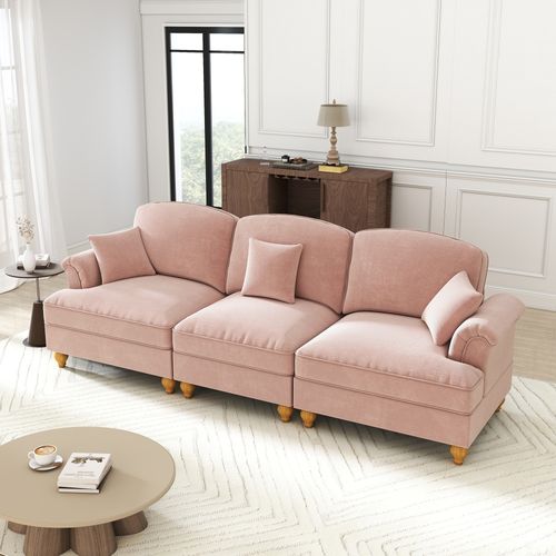 Canapé 3 Places 272x83.5x93cm, Jupe Plissée Amovible Pour Deux Styles, Tissu Chenille, Rose