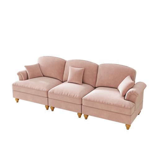 Canapé 3 Places 272x83.5x93cm, Jupe Plissée Amovible Pour Deux Styles, Tissu Chenille, Rose