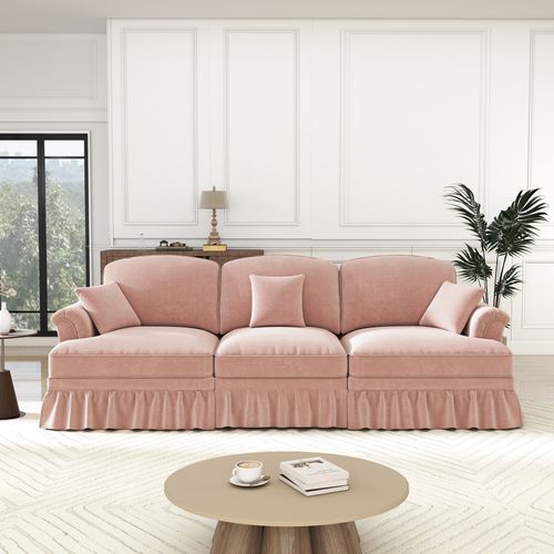 Canapé 3 Places 272x83.5x93cm, Jupe Plissée Amovible Pour Deux Styles, Tissu Chenille, Rose
