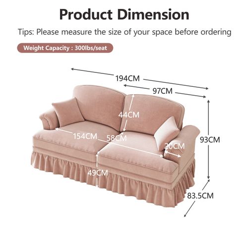 Canapé 2 Places 194x83.5x93 Cm, Jupe Amovible Deux Styles, Chenille, Rose