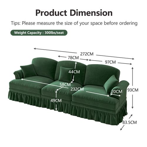 Canapé 3 Places 272x83.5x93cm, Jupe Plissée Amovible Pour Deux Styles, Tissu Chenille, Vert